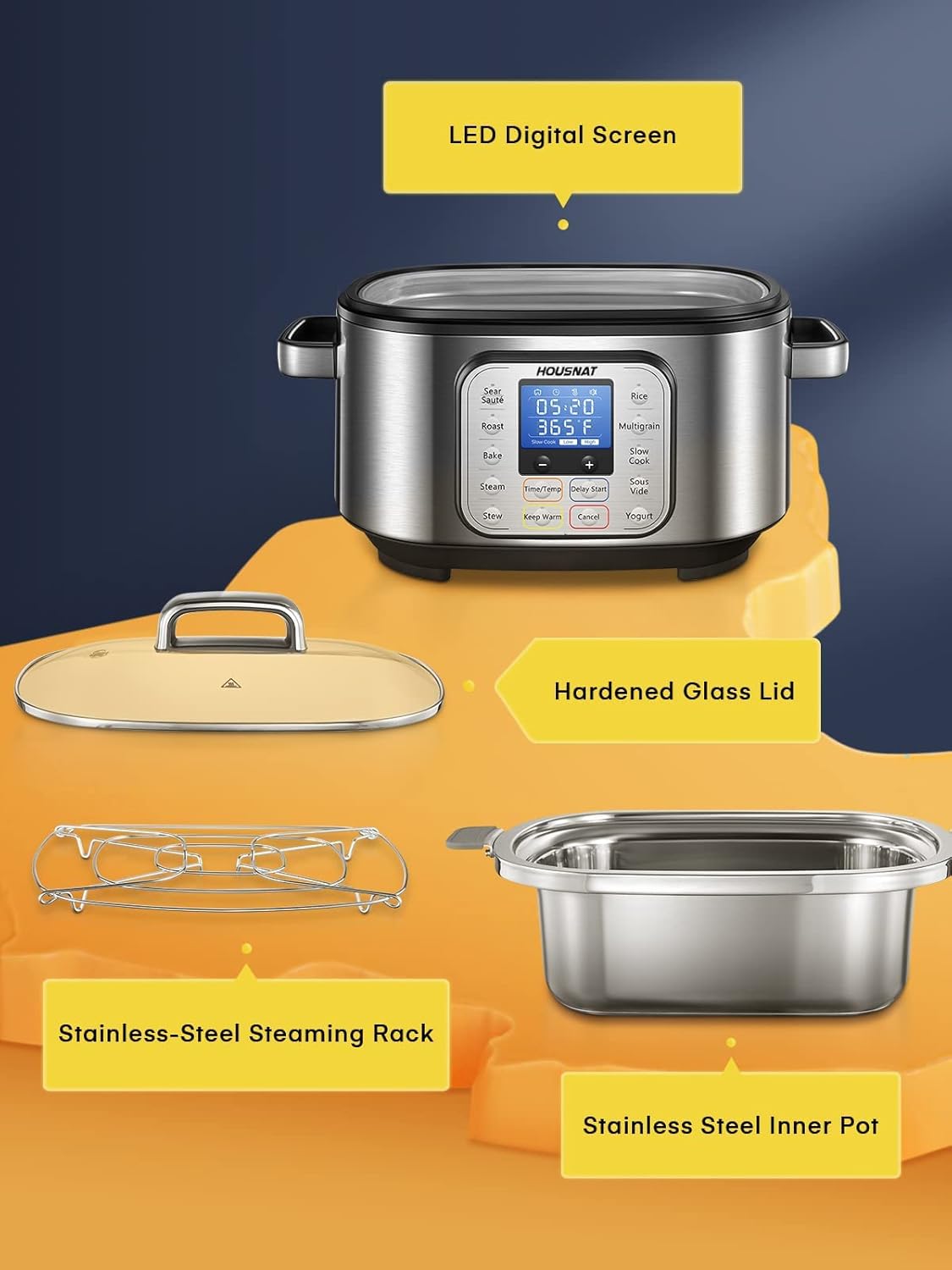 Slow Cooker, HOUSNAT 10 in 1 Programmable Cooker, 6Qt Stainless Steel, Rice Cooker, Yogurt Maker, Delay Start, Steaming Rack and Glass Lid