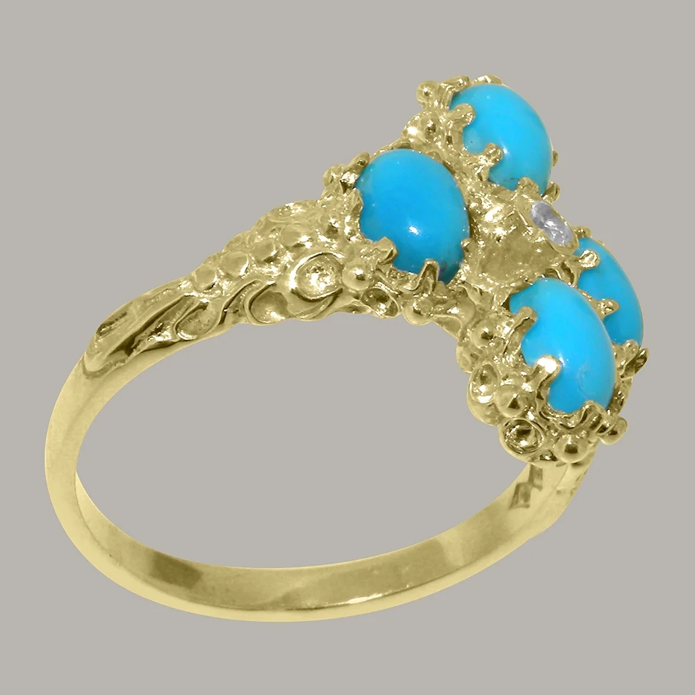 LBG British Made 9k Yellow Gold Natural Diamond & Turquoise Womens Anniversary Ring - 33 size options - Size 12