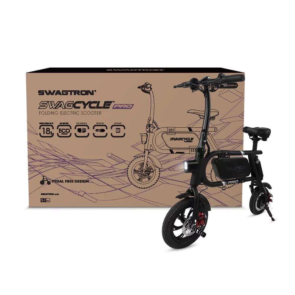 SwagCycle Envy Pro Folding Electric Bike, Pedal Free and App Enabled, 18 mph E Bike with USB Port to Charge on the Go (Black)