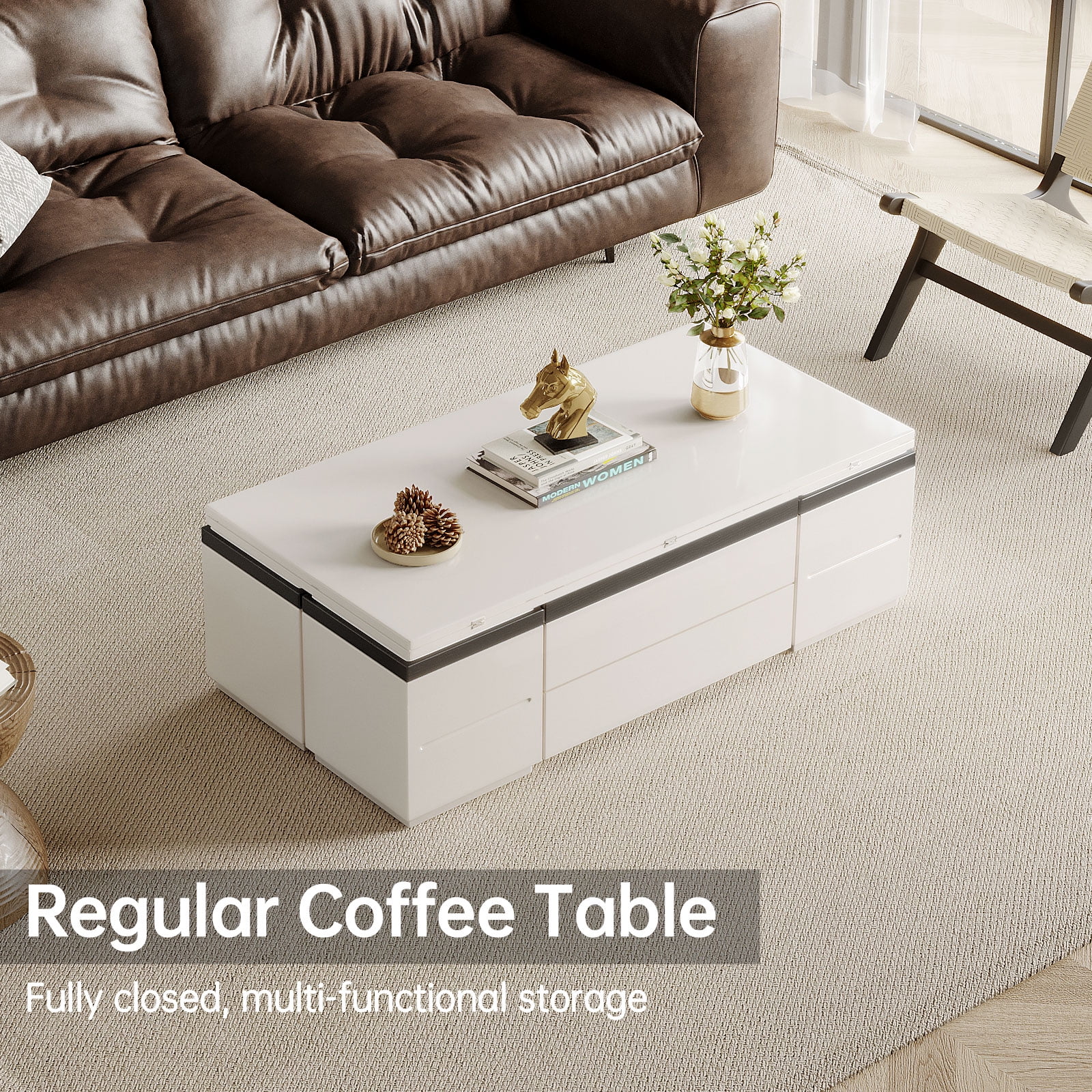 Guyii 47" Lift Top Coffee Table with 4 Stools, White Coffee Table Converts to Dining Table for 4-6 Person, Mobile Table with Drawers for Living Room