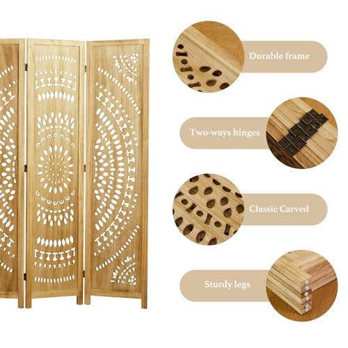 66.9Inch Folding Room Divider, 6 Panels Wood Carved Privacy Screens