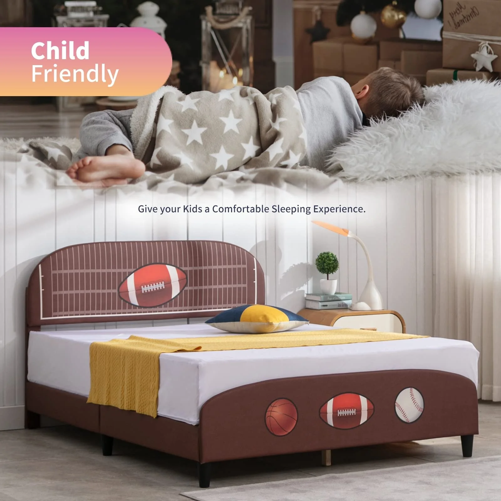 Mixoy Kids Bed Frame, Faux Leather Upholstered Platform Bed Frame ,Children Bed Frame with Sport Style Design Rugby - Full