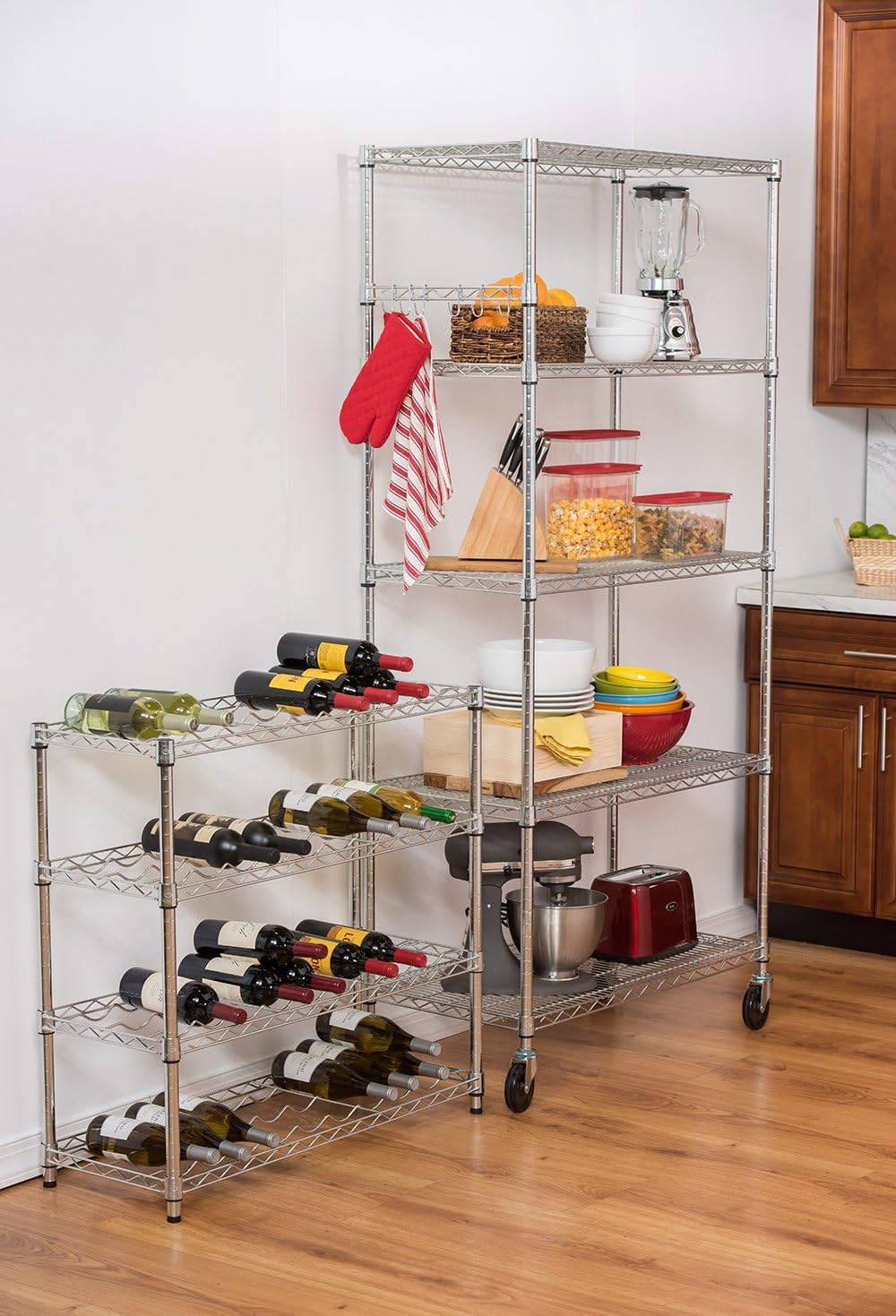 TRINITY EcoStorage Heavy Duty 5-Tier Adjustable Wire Shelving with Wheels and Storage Hooks for Kitchen Organization, Garage Storage, NSF Certified
