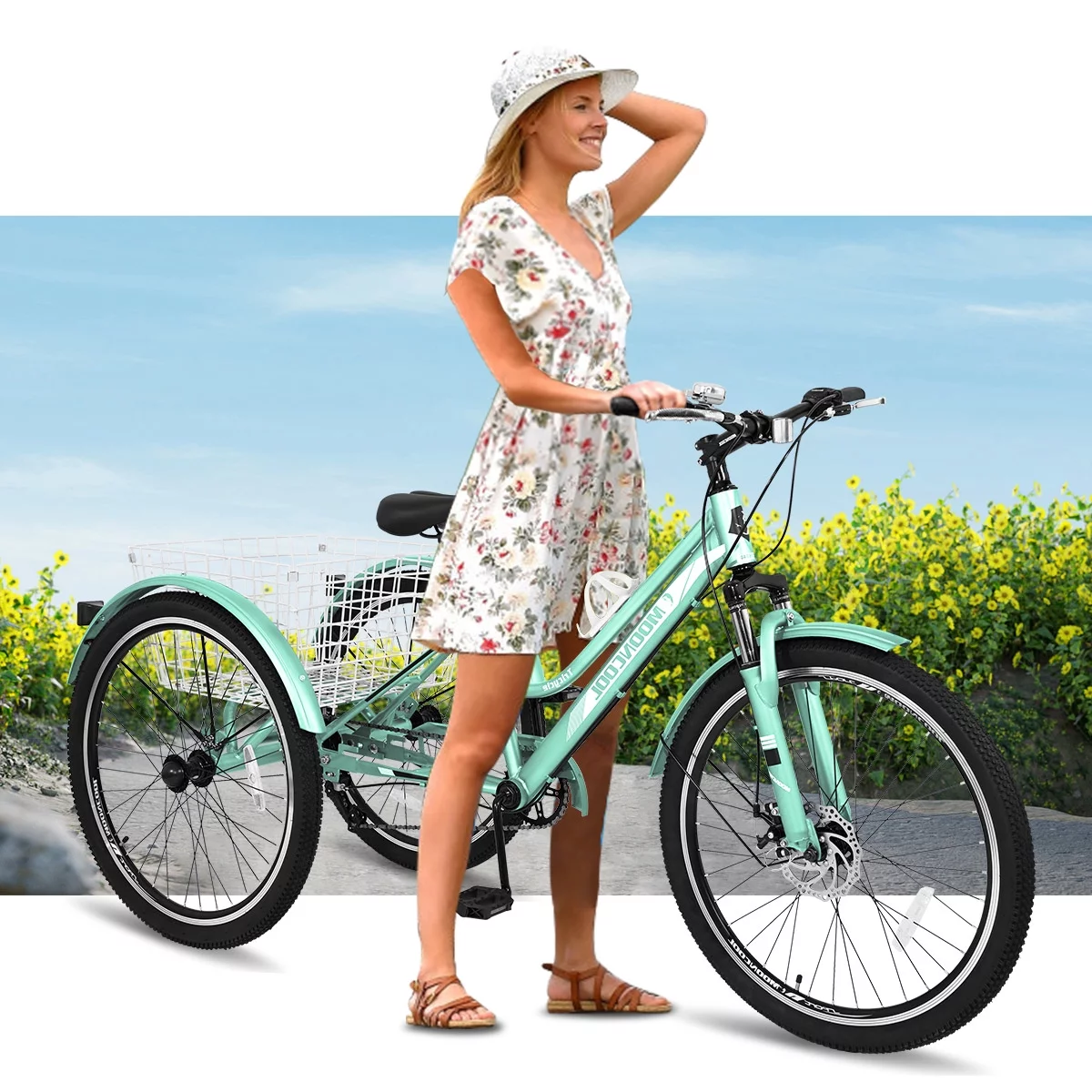 Mooncool Adult Mountain Tricycle, 7 Speed Three Wheel Bike, 24/26/27.5 Inch Adults Trikes for Seniors with Shopping Basket