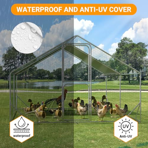 Large Metal Chicken Coop for 12-20 Chickens, Walk in Chicken Coop with Cover, Heavy Duty Poultry Cage for Chicken Run