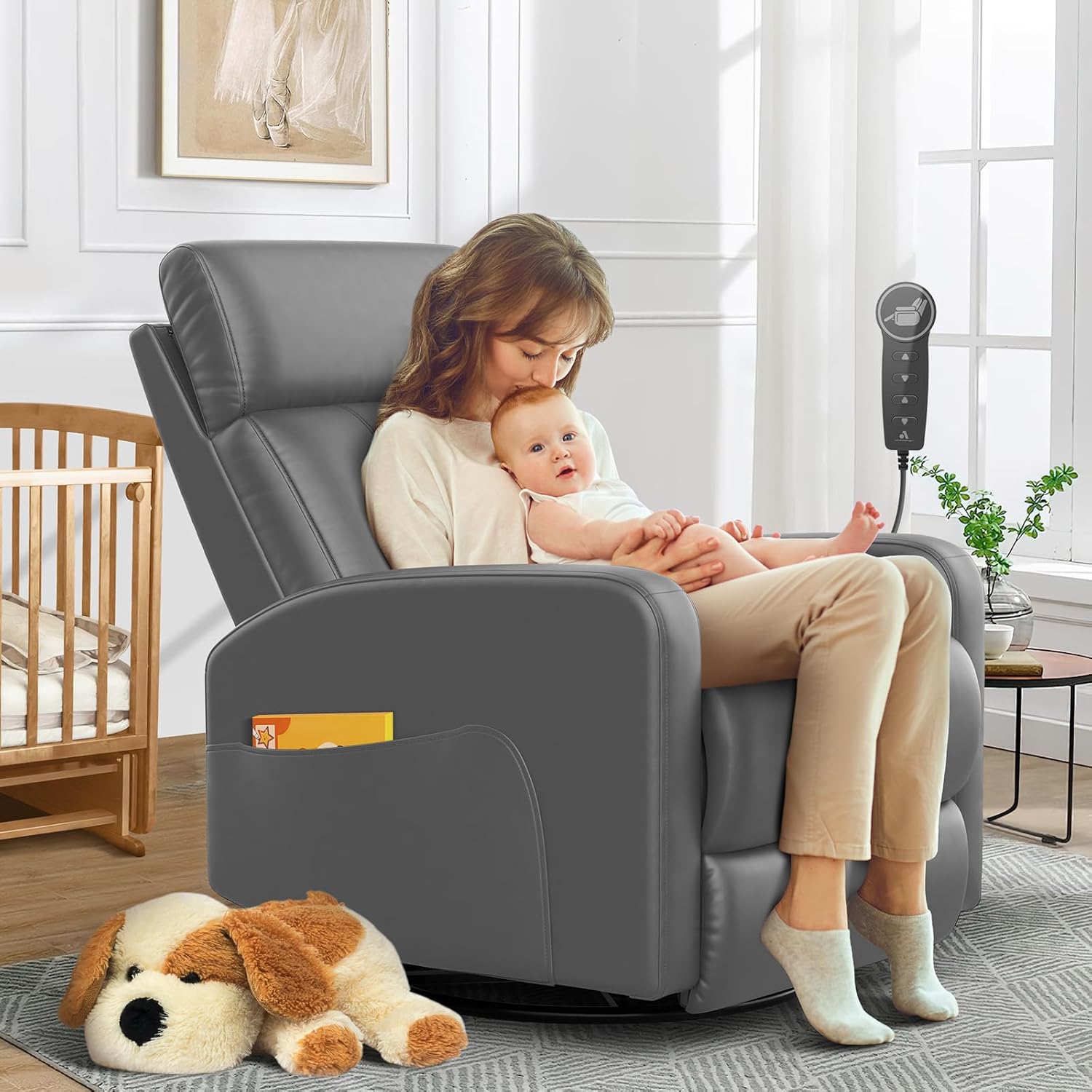Power Recliner Nursery Glider Chair, Power Adjustable Head Support, 270 Degree Swivel Glider Rocking Chair with USB & Type C Ports