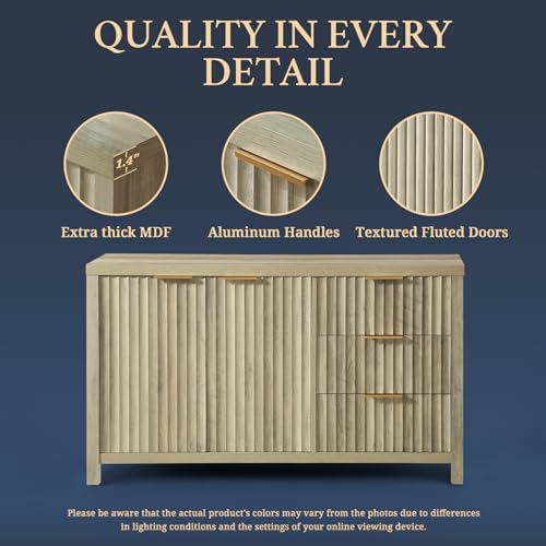 Fluted Sideboard Buffet Cabinet with Storage, 56" Large Buffet Modern Credenza with Adjustable Shelves