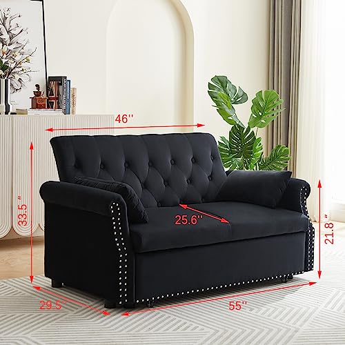 3 in 1 Convertible Sofa Bed with 2 Lumbar Pillows, Velvet Upholstered Sleeper Recliner Sofa Couch with Detachable Armrest