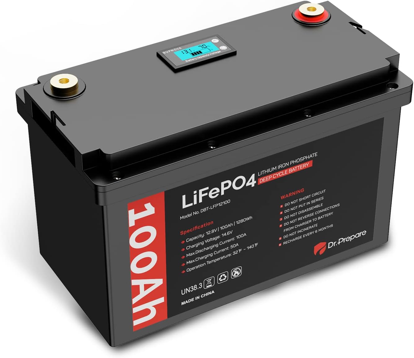 Dr. Prepare 12V 100Ah LiFePO4 Lithium Deep Cycle Battery with Monitor Screen, Rechargeable Lithium Iron Phosphate Battery, Built-in 100A BMS