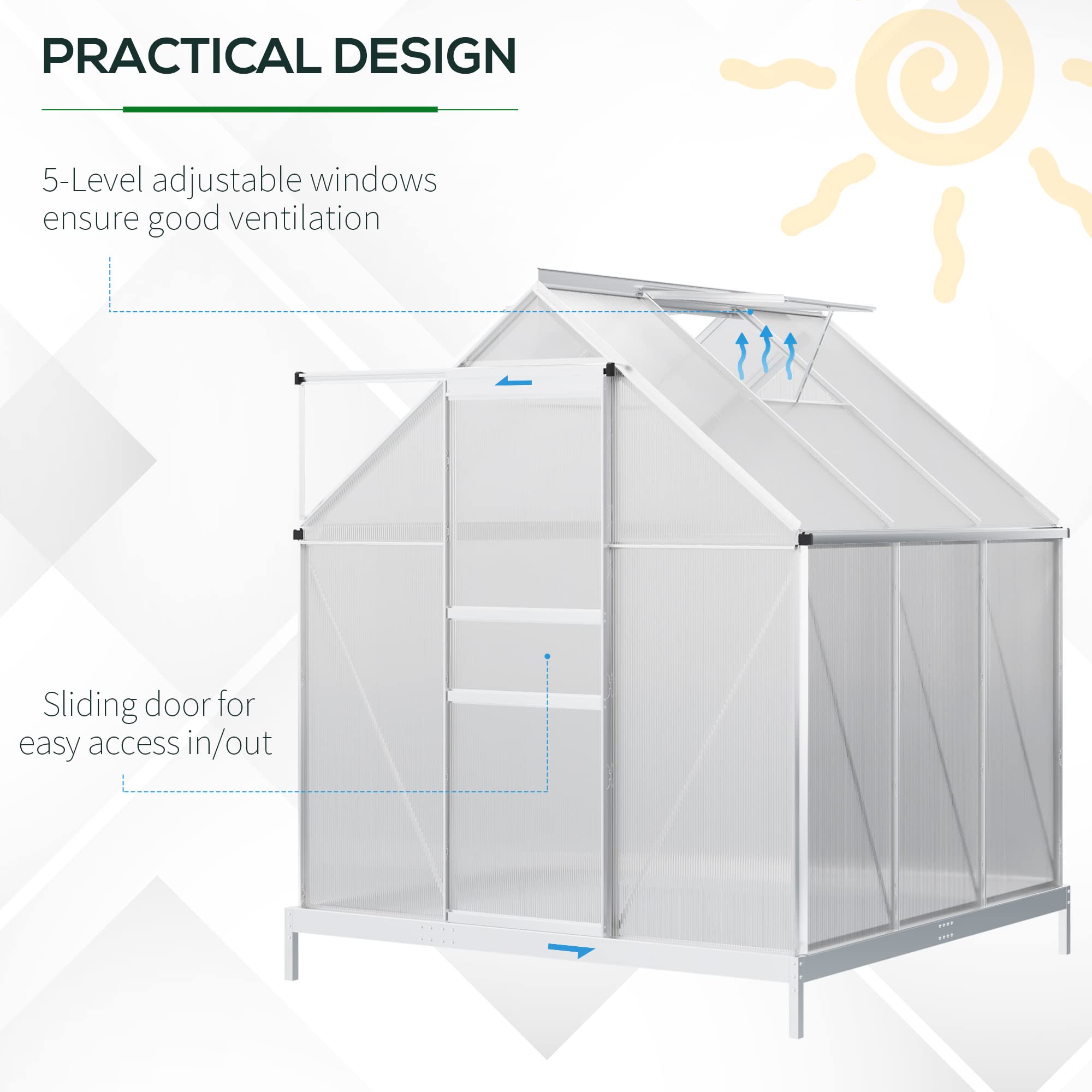 【Home & Garden】6' x 6' aluminum greenhouse polycarbonate walk-in garden greenhouse vents, sliding doors