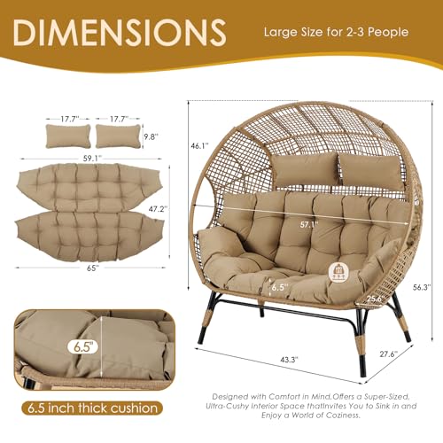 NICESOUL® Double Egg Chair Indoor Outdoor Stationary Oversized Thicken Padded Cushions, 2 Person Egg Loveseat Chair