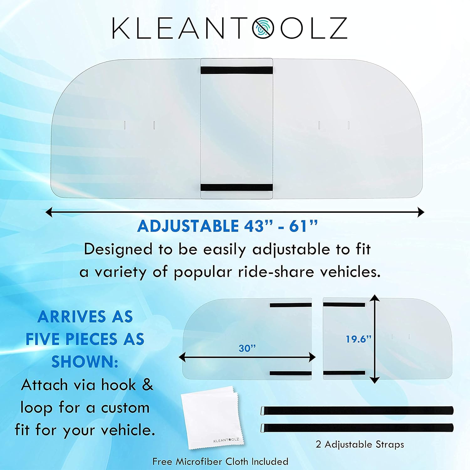 Kleantoolz Adjustable Plexiglass Car Sneeze Guard Barrier - Partition *IMPROVED For Most Vehicles, Shield For Rideshare Driver, Passengers