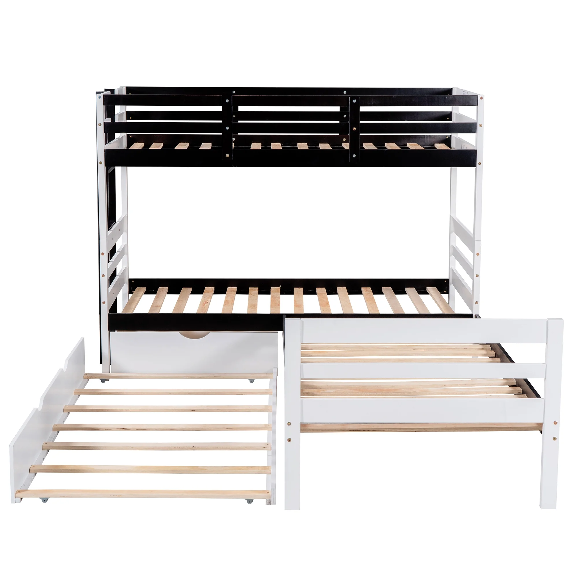 L-Shaped Twin Bunk Bed and Platform Bed with Trundle and Drawer, White - Curated Treasures Market