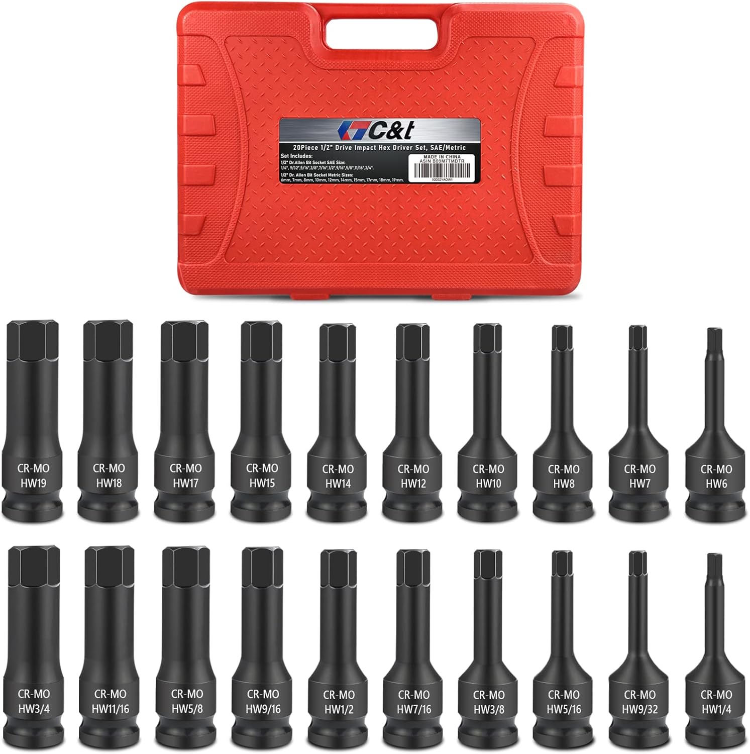 C&T 20 Piece 1/2 Drive Master Impact Hex Driver Set, SAE Metric Hex Head Impact Driver Bit Set 1/4 - 3/4, 6mm - 19mm