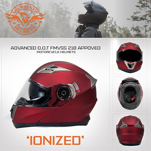 Milwaukee Helmets MPH9826DOT Ionized Flat Red Advanced Motorcycle Modular Helmet w/Drop Down Visor - Small