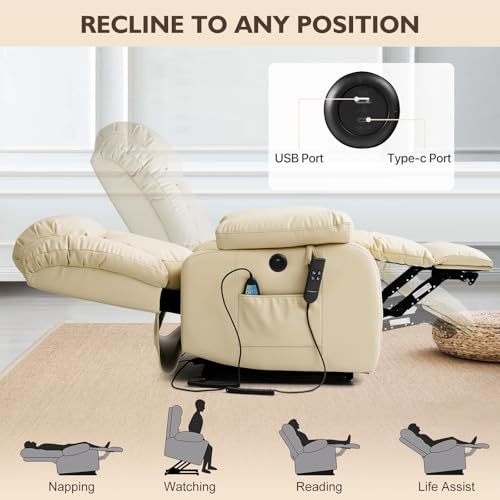 EDILLY Large Genuine Leather Power Lift Recliner Chairs for Elderly, Dual Motor with Massage and Heating,Double Lumbar Cushion and Extended Footrest