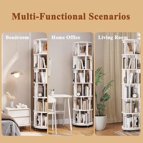 6 Tier Rotating Bookshelf Tower Spinning Bookshelf with Swivel Wheels Book Shelf Rotating Storage Tower for Kids Adult Narrow Walnut Solid Wood