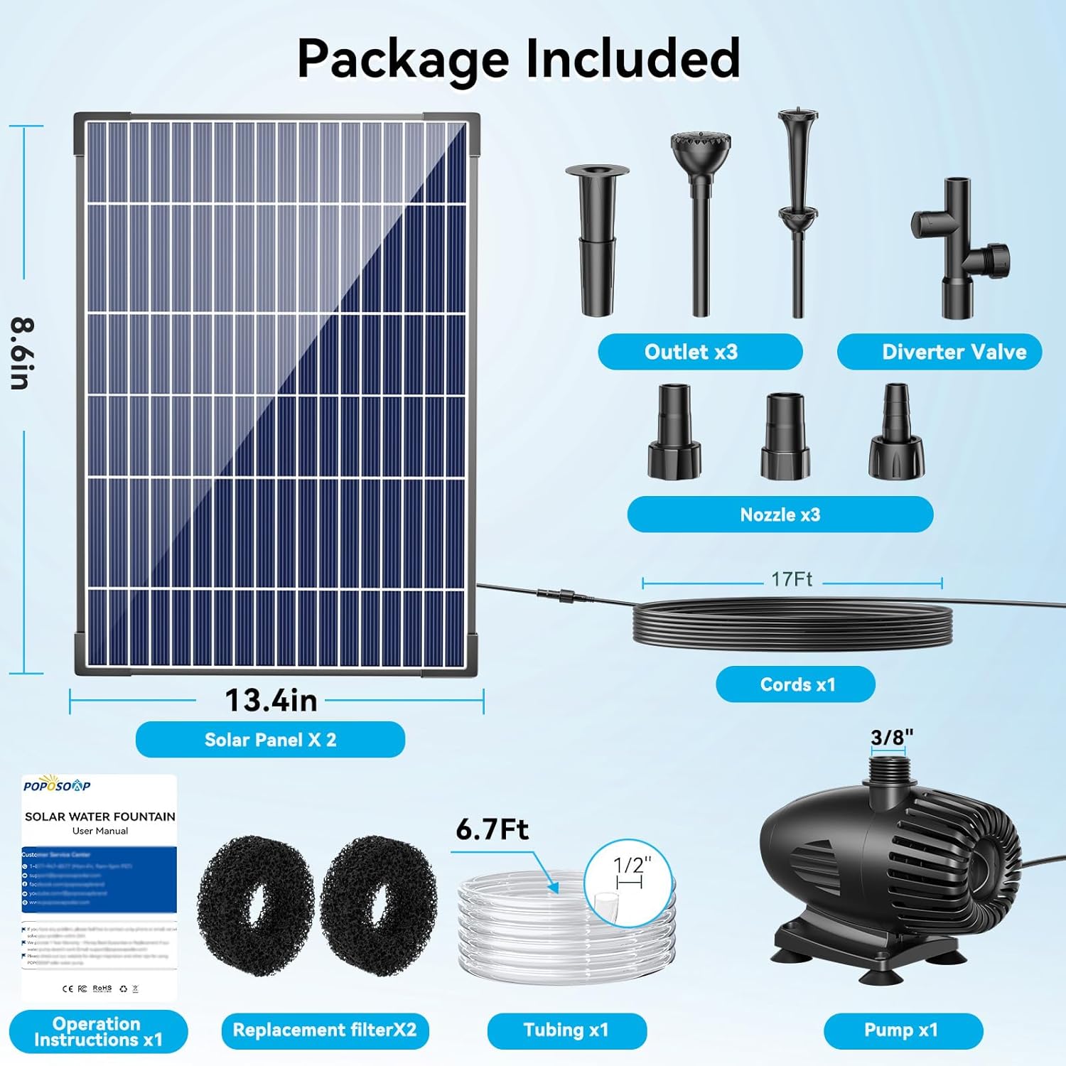 POPOSOAP 55W Solar Fountain Pump, Solar Water Pump with Water Shortage Protection, 480GPH Adjustable Solar Pond Pump with PVC Tubing