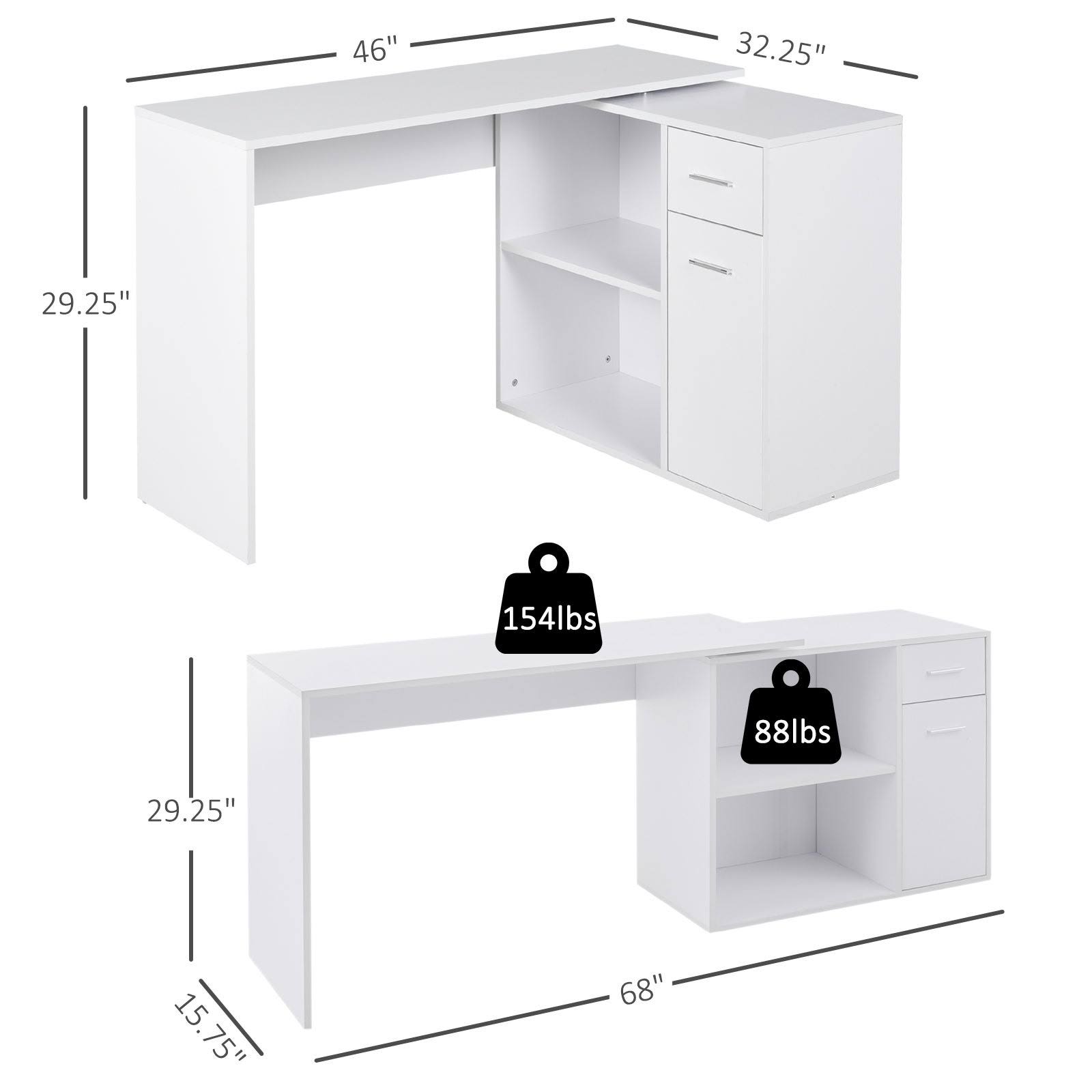 Homcom L Shaped Computer Desk Workstation with Storage Shelves and Cabinet for Home u0026 Office - White