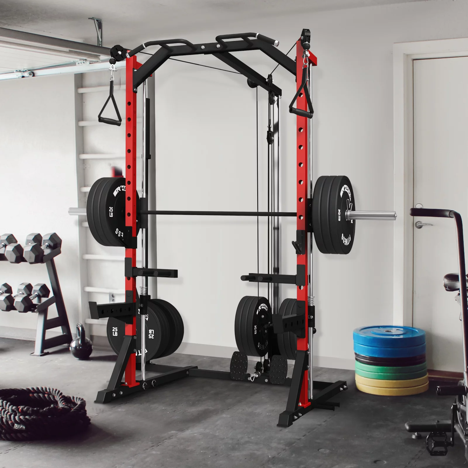 Mikolo Smith Machine Home Gym, Multi-Functional Squat Rack with Cable Crossover System, Workout station with Weight Bar, Dip Bars