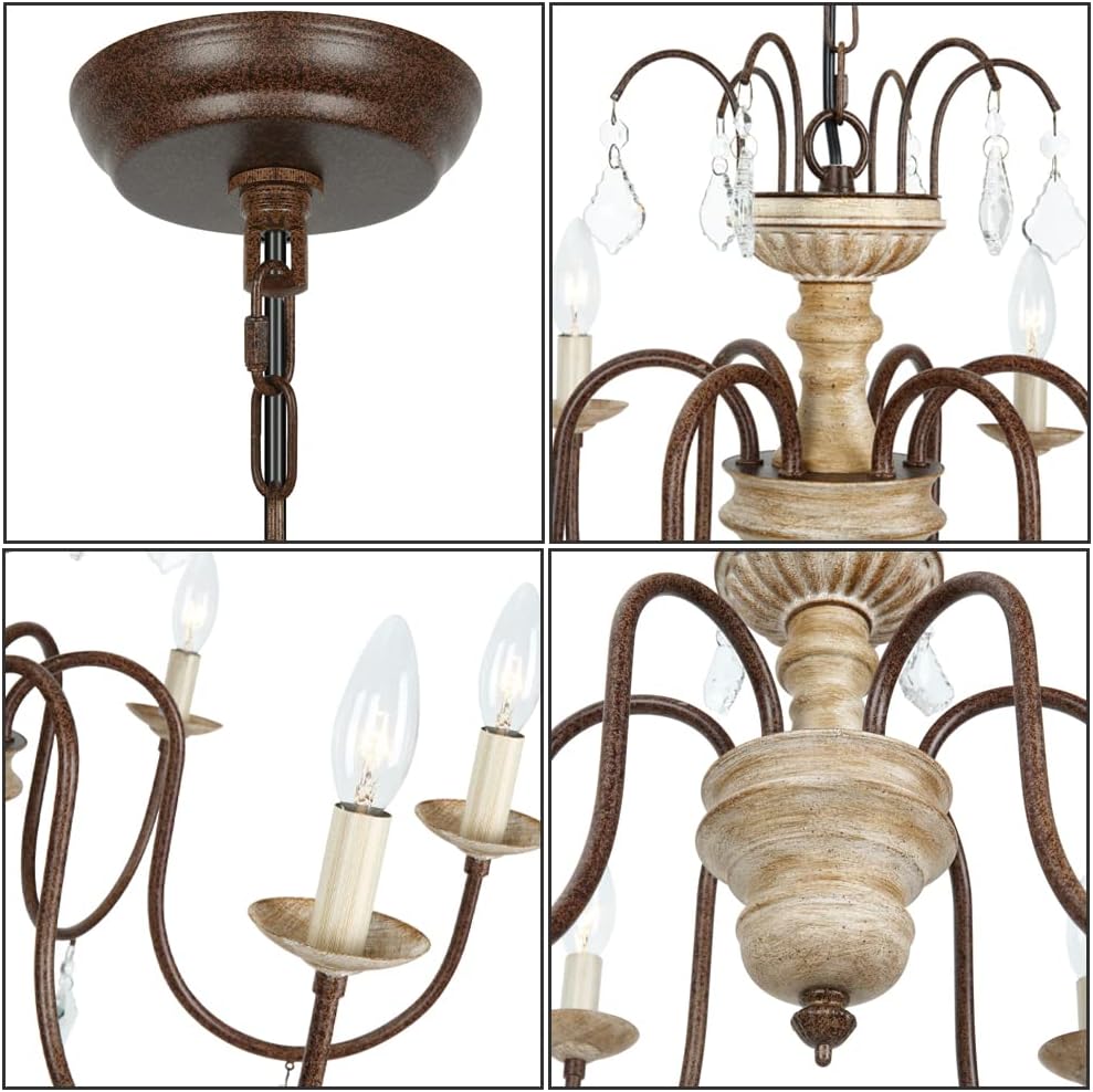 Oldiron 6 Light French Country Chandeliers, Rustic White Distressed Wood Rust Metal Candle Chandelier with Arc Arms and Crystal Pendant (28)