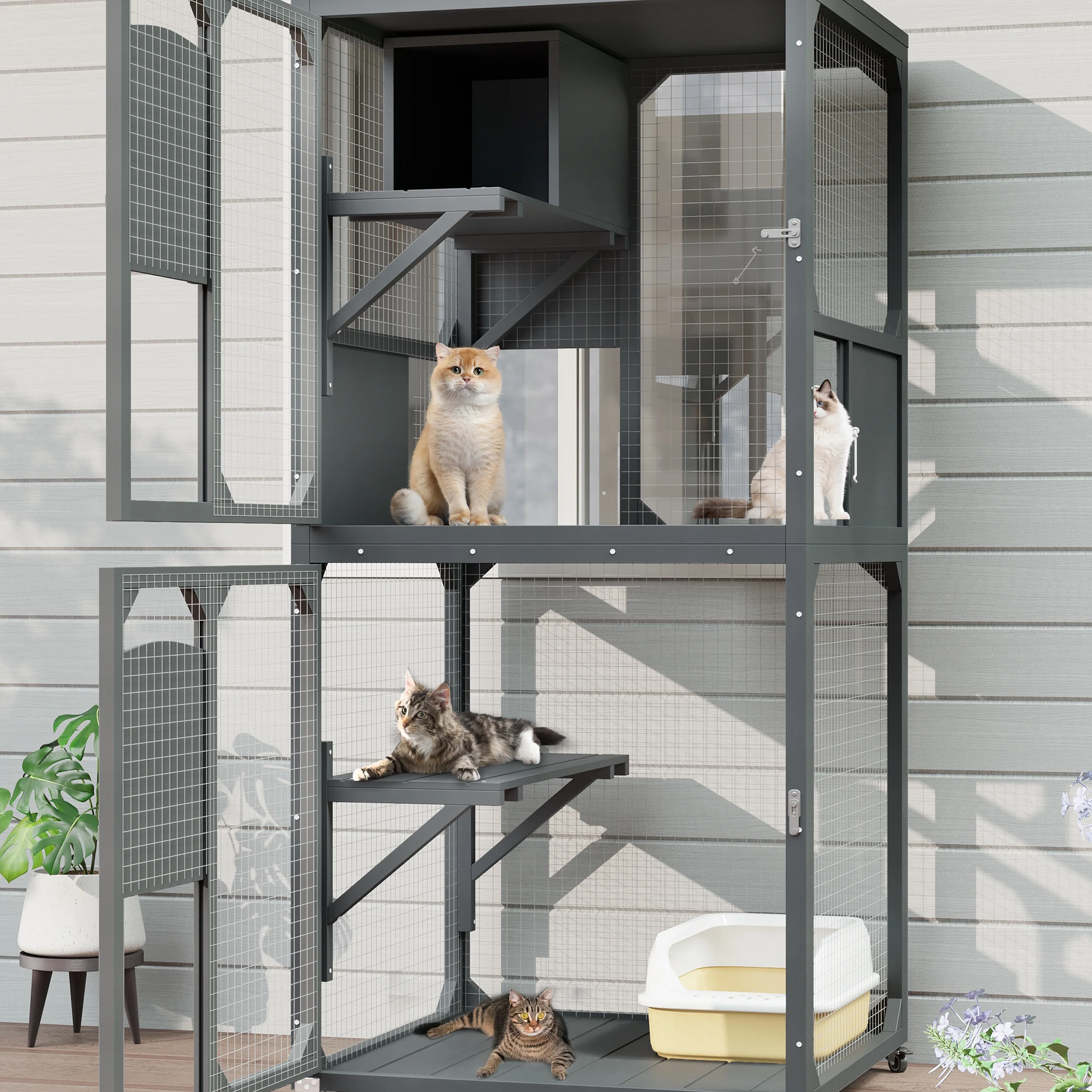 Montary Catio Outdoor Cat Enclosure with Window Access, 4-Tier Cat House with Wheels, Waterproof Roof &amp; Resting Box, Large Gray Cage