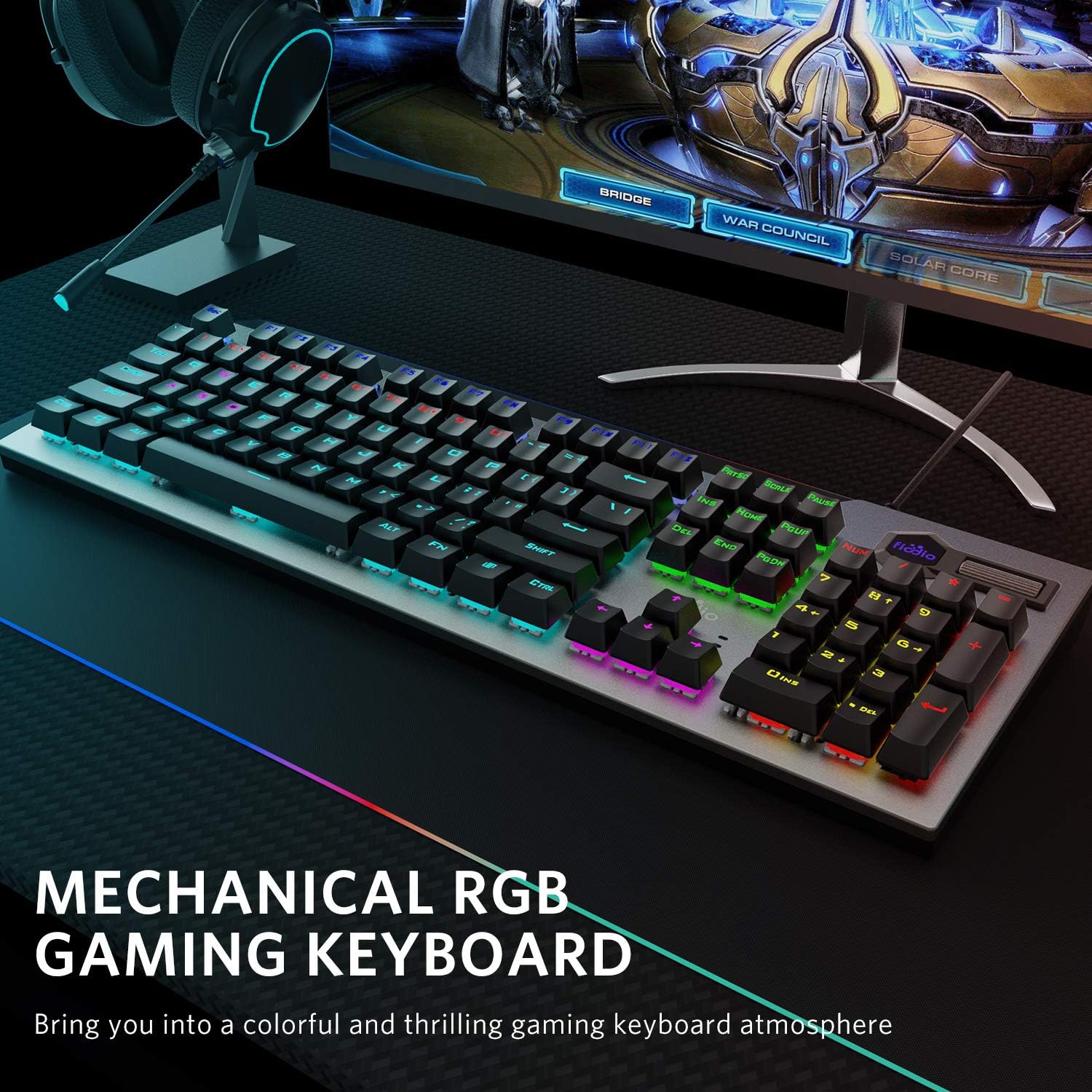 Fiodio Mechanical Gaming Keyboard, Wired RGB Rainbow Backlit Keyboard with Blue Switches, Ergonomic Standard Keyboard for Desktop, Computer