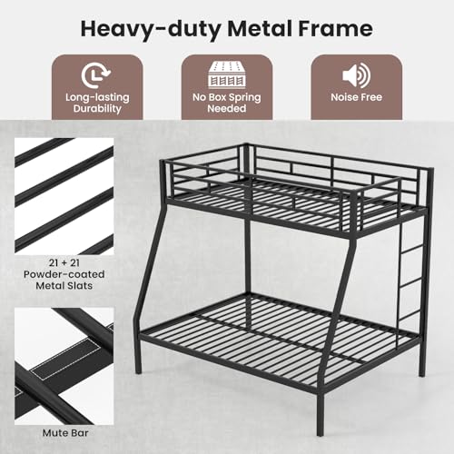 KOMFOTT Twin Over Full Bunk Bed with Trundle, Heavy-Duty Metal Bunk Bed Frame with Guardrail & 2 Ladders, Space-Saving Bunk Bed for Kids/Teens/Adults