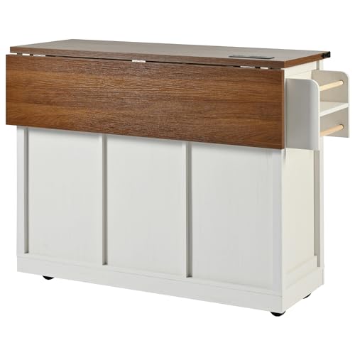 Kitchen Island Cart With Power Outlet, 2 Doors, Drop Leaf, Spice Rack, 2 Drawers - Rolling Storage Cart on Wheels for Home and Dining Room - White