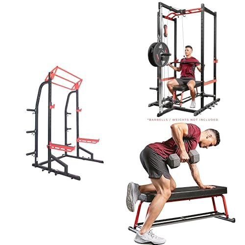 Sunny Health & Fitness Power Zone Half Rack Heavy Duty Performance Power Cage with J-Hooks, Adjustable Pull Up Bar Optional Bench with Dumbbell Rack