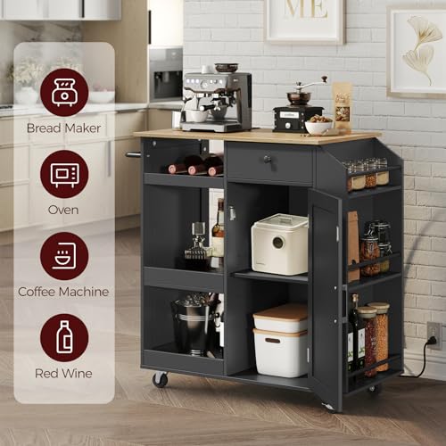 Kitchen Island with Power Outlet, Kitchen Storage Island with Drawer, Rolling Kitchen Cart on Wheels, Spice Rack, Towel Rack, Wine Rack