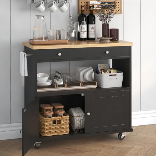 Rolling Kitchen Island with Storage Cabinet, 35.4'' Width Kitchen Cart, 2 Drawers Island Table, Portable Mobile Kitchen Island with Towel Rack