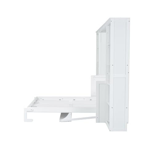SOFTSEA Full Size Murphy Bed with Desk and Shelves, 110" Solid Folable Platform Bed with Double Storage Cabinets