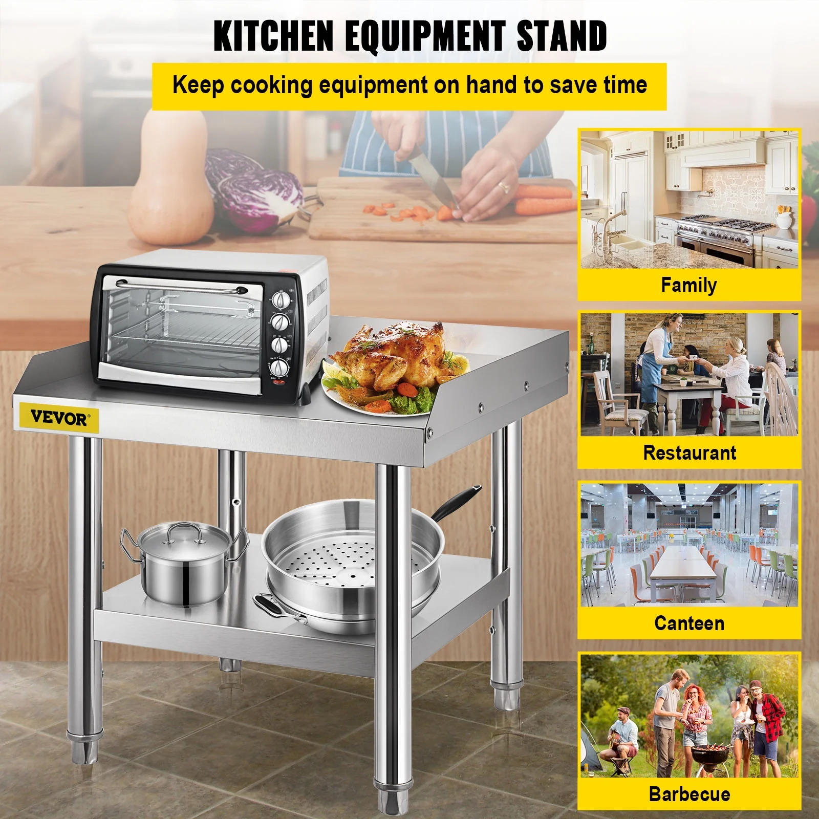 VEVOR Stainless Steel Table, 24 x 24 Inch, Heavy Duty Prep & Work Metal Workbench with Adjustable Storage Under Shelf and Table Feet