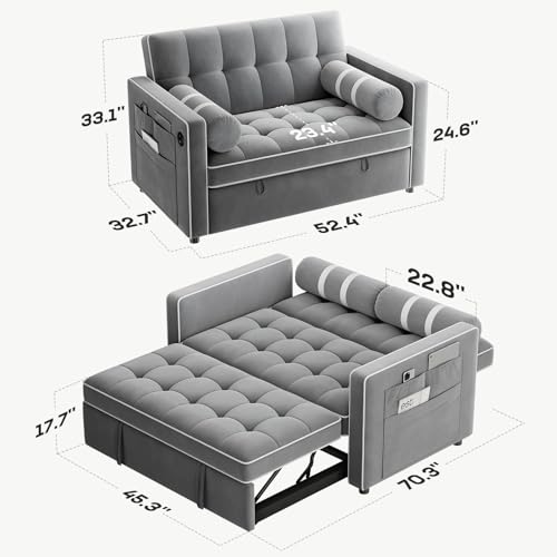 Marsail Sofa Bed, 3-in-1 Convertible Sleeper Sofa, Futon Couch with USB Charging, Side Pockets & Adjustable Backrest, Pull Out Couch for Living Room