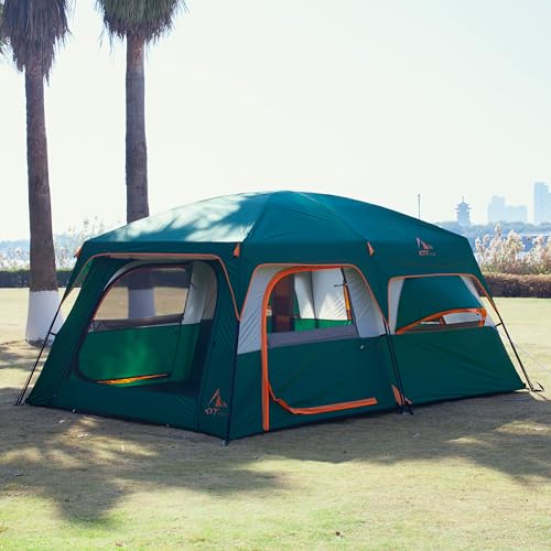 KTT Extra Large Tent 10-12-14 Person(B),Family Cabin Tents,2 Rooms,3 Doors and 3 Windows with Mesh,Straight Wall,Waterproof,Double Layer