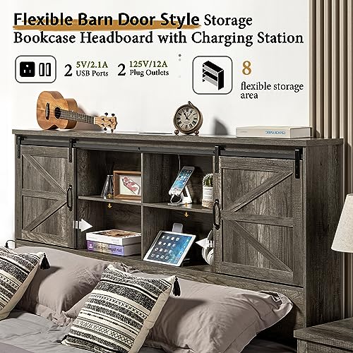 VanAcc Full Size Bed Frame, Wooden Platform Storage Bed with 51.2" Bookcase Headboard, 2 Drawers