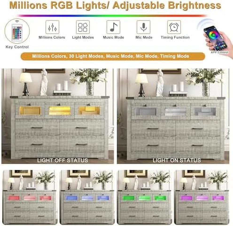 Grey Farmhouse Dresser for Bedroom 7 Drawer Dresser with LED Light  Wood  Dresser Chest of Drawers Wide TV Stand Dresser for Bedroom