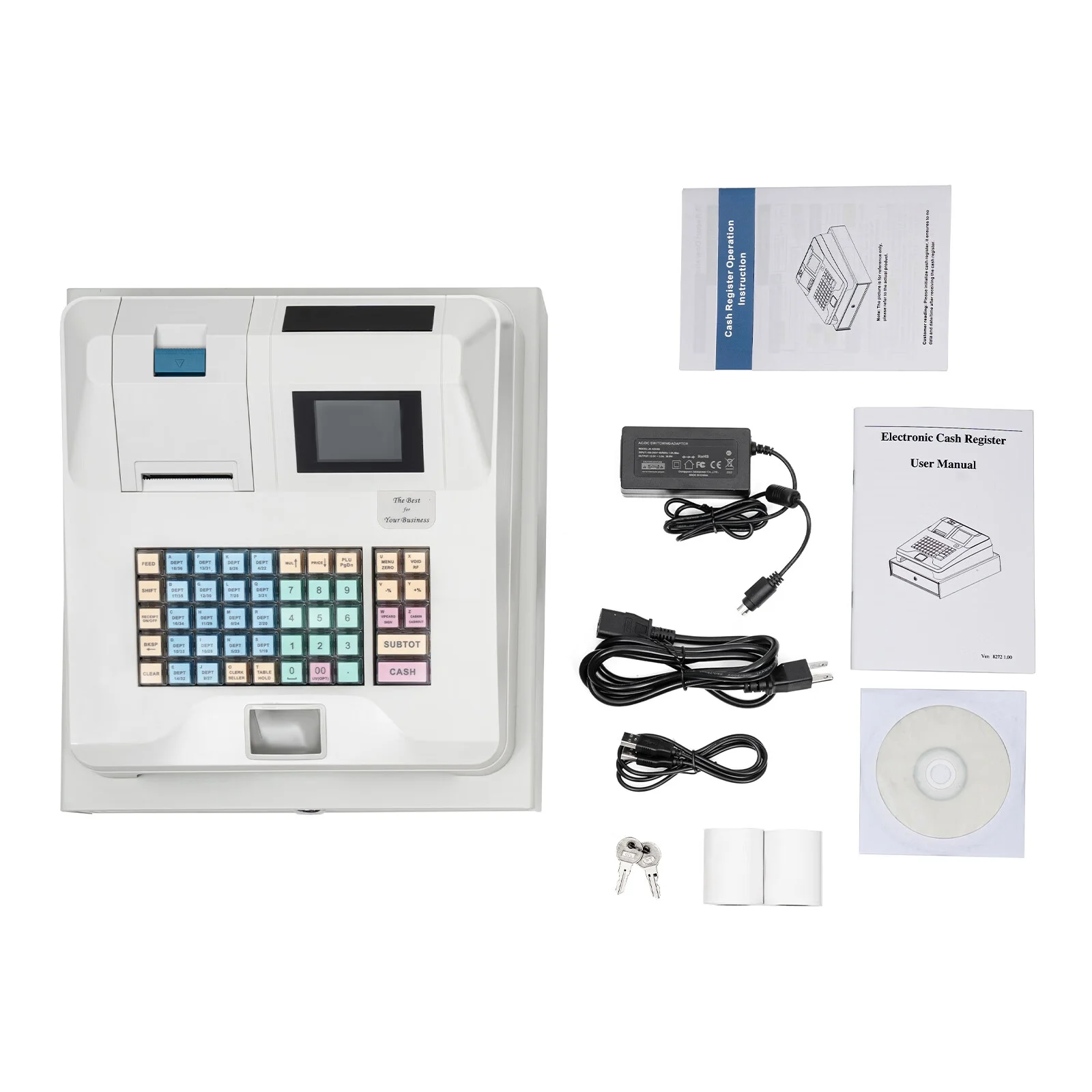 Aiqidi Electronic Cash Register POS Syetem 48 Keys 8 Digital LCD Display Casher with Flat Keyboard and Drawer Box for Retail Restaurant Shop 110V