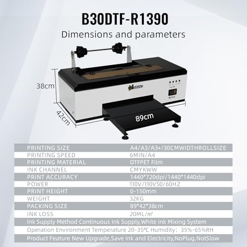 DTF Printer A3 R1390 Transfer Printing Machine T-Shirt Direct to Film DTF Transfer Printer Machine with White Ink Circulation and Auto Cleaning