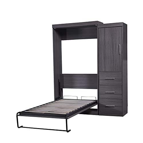 Full Size Murphy Bed with 2 Convertible Side Cabinet Storage Shelf, Foldable Wallbed Bedframe
