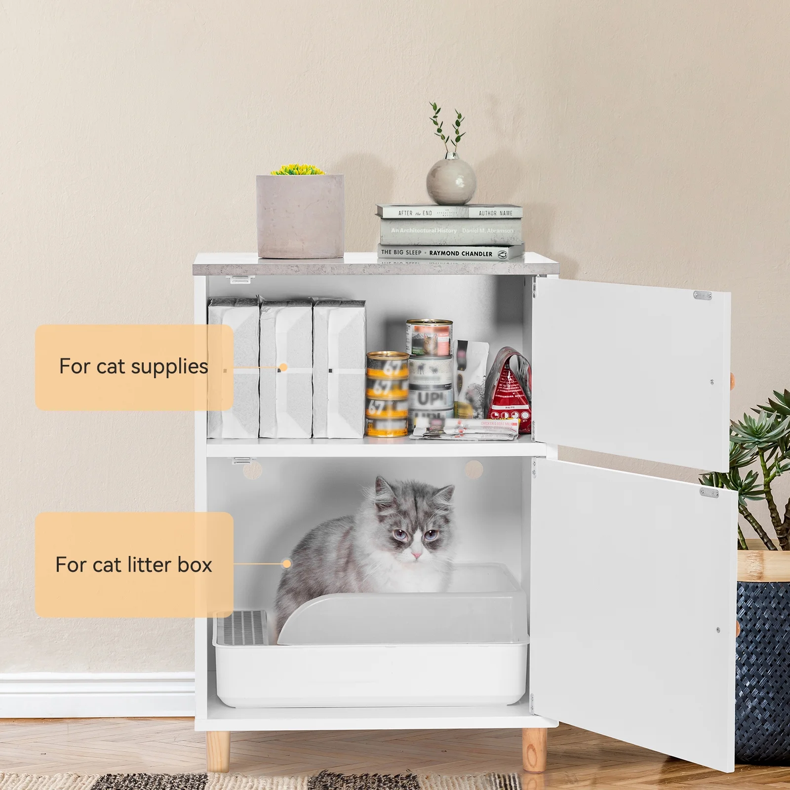 PETSFIT Cat Litter Box Enclosure, Odor-Free Design, Storage Cabinet, Easy-Clean, and Stylish Hidden Cat  Litter Box Furniture White