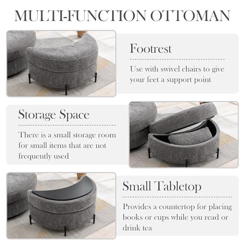 Aoiy & Wifon 42.2" W Oversized Swivel Barrel Chair with Ottoman, Upholstered Round Accent Chair with Storage Ottoman, Chenille, Beige
