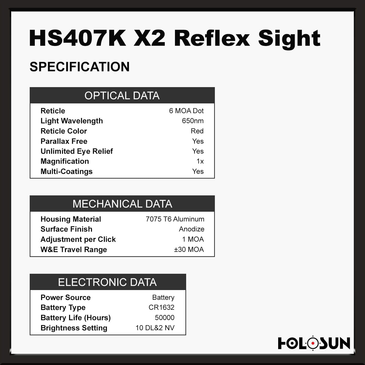 HOLOSUN HS407K-X2 Classic Reflex Red Dot Only Sight