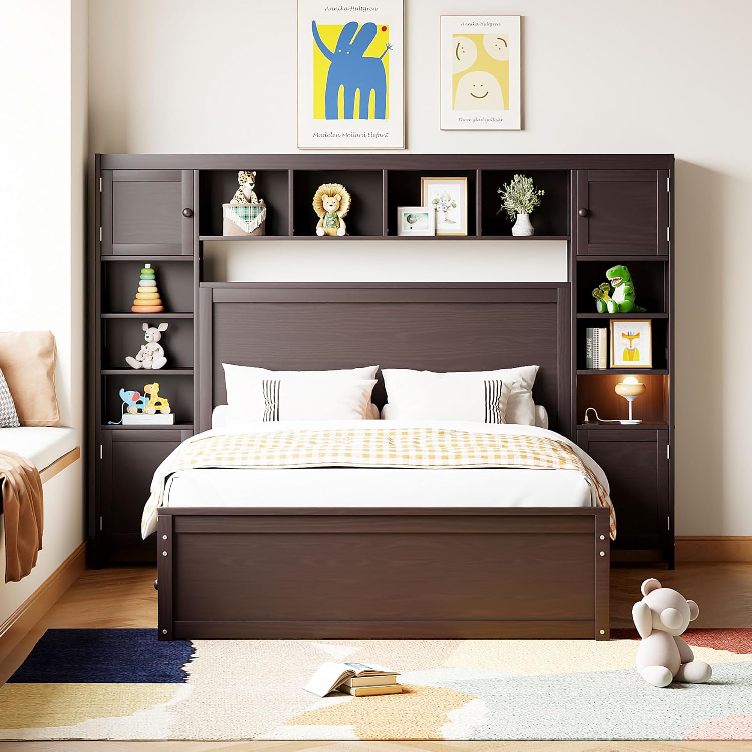 Full Storage Bed with Bookcase Headboard, Wood Full Size Platform Bed with Trundle and 2 Storage Drawers, Full Bed Frame with Cabinet and Shelf