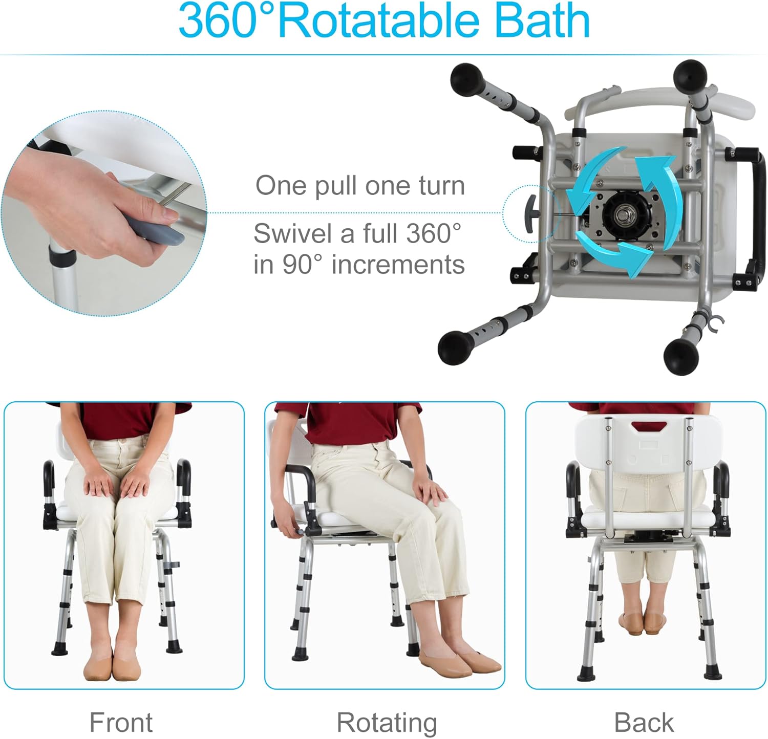 REAQER Swivel Shower Chair 360° Pivoting Bathtub Seat with Arms and Back Narrow Bath Bench for Seniors,Elderly
