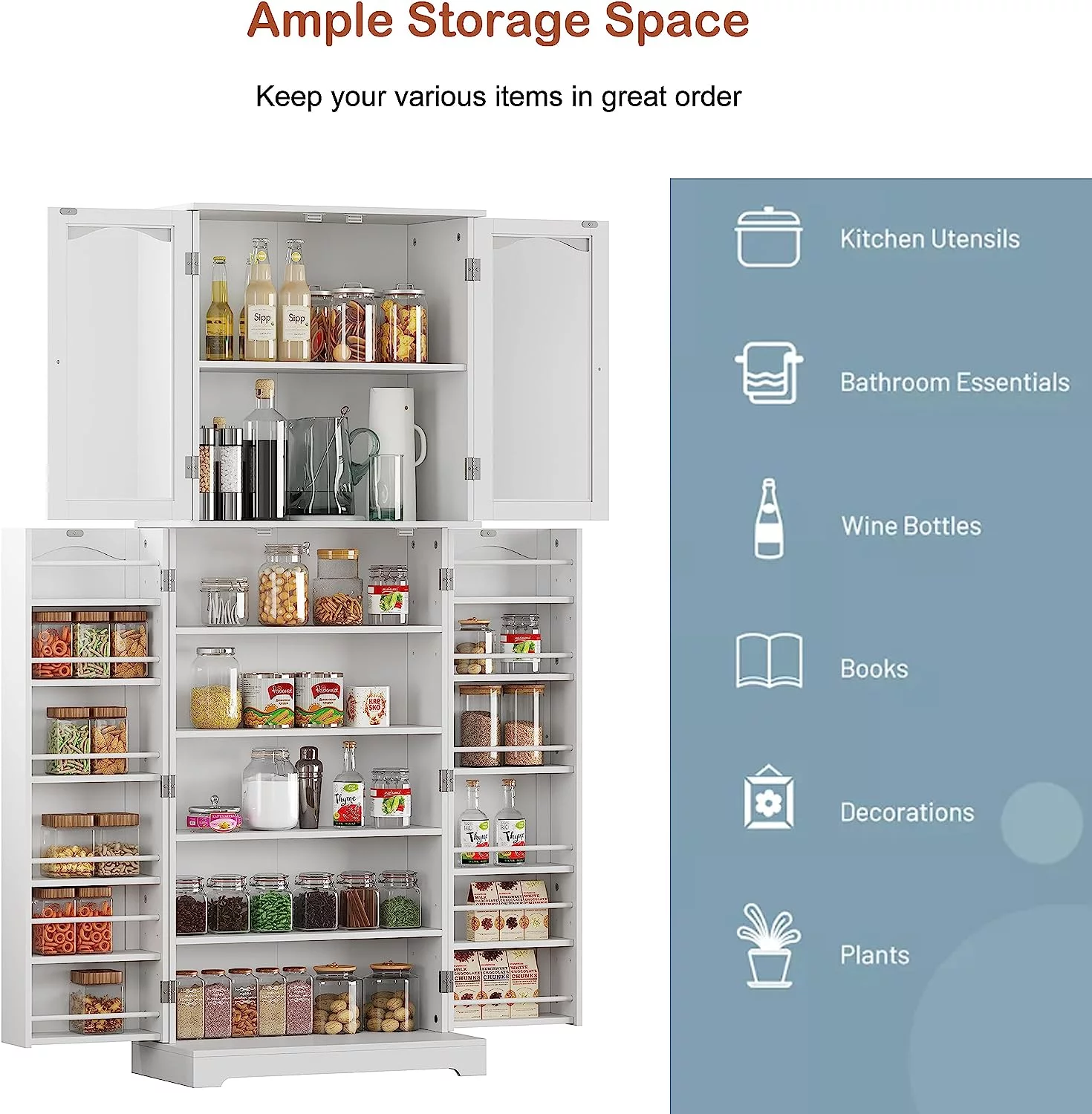HOMEFORT 64" Kitchen Pantry Cabinet, Modern Tall Cabinet with MDF board and Adjustable Shelves