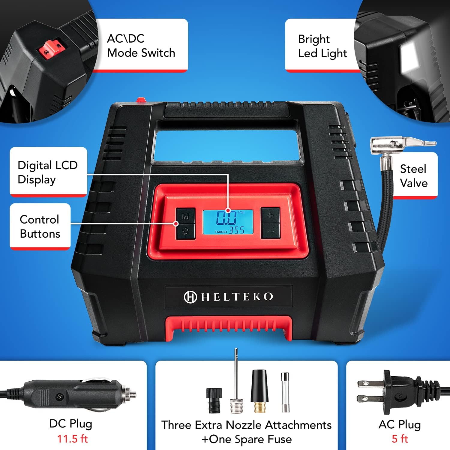 Helteko Air Compressor Tire Inflator AC/DC, Electric Digital Tire Pump for Car 12V and Home 110V, Portable Air Pump with Auto Shut-Off
