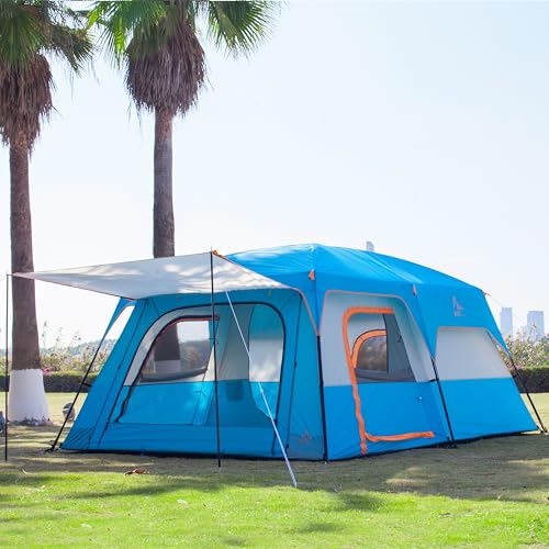 KTT Extra Large Tent 10-12-14 Person(Style-B),Family Cabin Tents,2 Rooms,3 Doors and 3 Windows with Mesh,Straight Wall,Waterproof,Double Layer