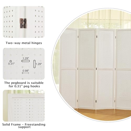 Pegboard Display, 5.6Ft Wooden Room Divider Folding Privacy Screens Portable Freestanding Wall Organizer for Retail Craft Art Display Board (4panels